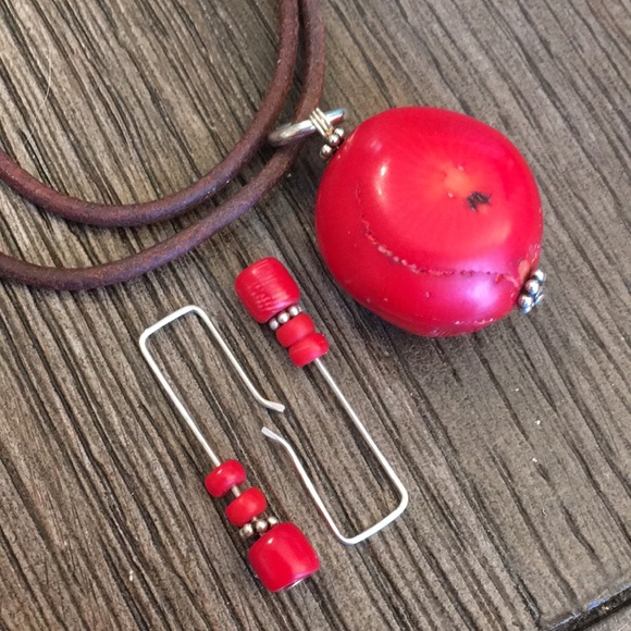 Red Coral Cord Necklace & Sterling Earrings - Picture 2 of 8